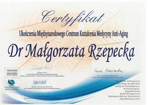 Certyfikat ukończenia kursu, Międzynarodowe Centrum Kształcenia Medycyny Anti-Aging