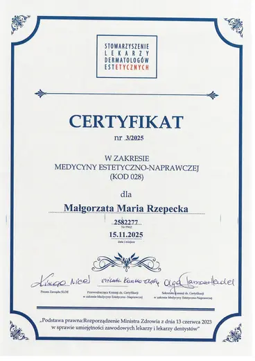 Certyfikat umiejętności zawodowej w zakresie medycyny estetyczno-naprawczej (kod 028), Stowarzyszenie Lekarzy Dermatologów Estetycznych