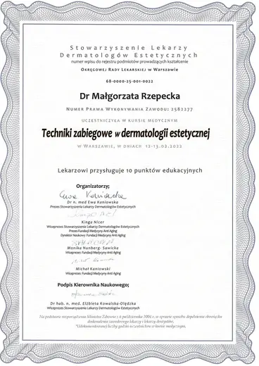 Dwuletni Kurs Estetyki Lekarskiej SLDE, Techniki zabiegowe w dermatologii estetycznej: certyfikat sesji 1