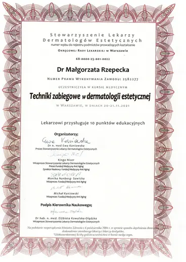 Dwuletni Kurs Estetyki Lekarskiej SLDE, Techniki zabiegowe w dermatologii estetycznej: certyfikat sesji 2