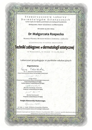Dwuletni Kurs Estetyki Lekarskiej SLDE, Techniki zabiegowe w dermatologii estetycznej: certyfikat sesji 3