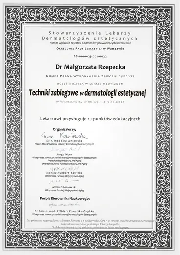 Dwuletni Kurs Estetyki Lekarskiej SLDE, Techniki zabiegowe w dermatologii estetycznej: certyfikat sesji 4