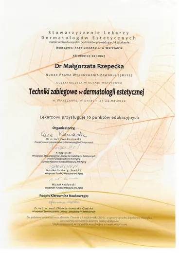 Dwuletni Kurs Estetyki Lekarskiej SLDE, Techniki zabiegowe w dermatologii estetycznej: certyfikat sesji 5