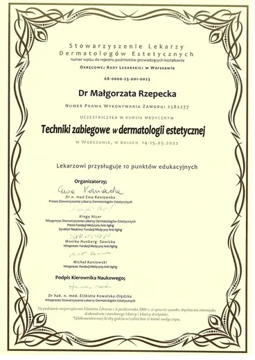 Dwuletni Kurs Estetyki Lekarskiej SLDE, Techniki zabiegowe w dermatologii estetycznej: certyfikat sesji 6
