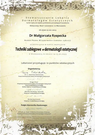 Dwuletni Kurs Estetyki Lekarskiej SLDE, Techniki zabiegowe w dermatologii estetycznej: certyfikat sesji 7