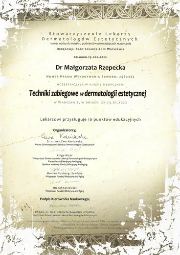 Dwuletni Kurs Estetyki Lekarskiej SLDE, Techniki zabiegowe w dermatologii estetycznej: certyfikat sesji 8