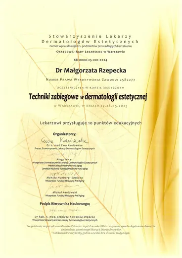 Dwuletni Kurs Estetyki Lekarskiej SLDE, Techniki zabiegowe w dermatologii estetycznej: certyfikat sesji 9
