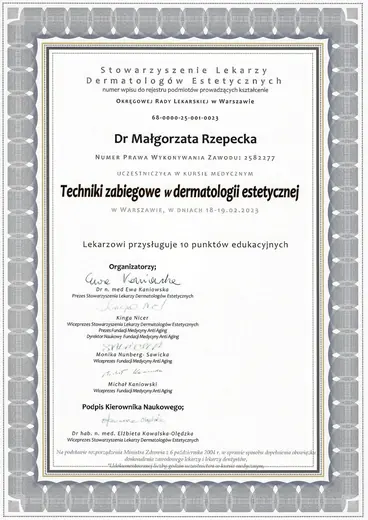 Dwuletni Kurs Estetyki Lekarskiej SLDE, Techniki zabiegowe w dermatologii estetycznej: certyfikat sesji 10