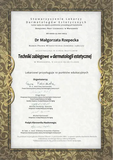 Dwuletni Kurs Estetyki Lekarskiej SLDE, Techniki zabiegowe w dermatologii estetycznej: certyfikat sesji 11