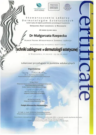 Dwuletni Kurs Estetyki Lekarskiej SLDE, Techniki zabiegowe w dermatologii estetycznej: certyfikat sesji 13