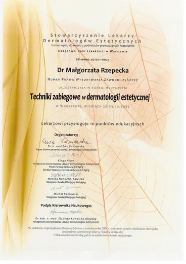 Dwuletni Kurs Estetyki Lekarskiej SLDE, Techniki zabiegowe w dermatologii estetycznej: certyfikat sesji 14