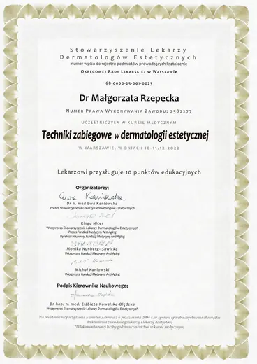 Dwuletni Kurs Estetyki Lekarskiej SLDE, Techniki zabiegowe w dermatologii estetycznej: certyfikat sesji 15