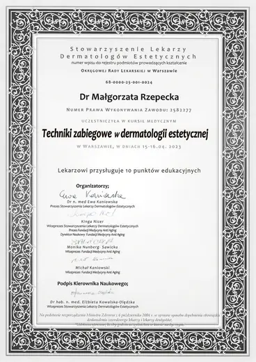 Dwuletni Kurs Estetyki Lekarskiej SLDE, Techniki zabiegowe w dermatologii estetycznej: certyfikat sesji 16