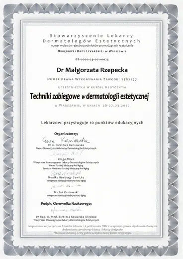 Dwuletni Kurs Estetyki Lekarskiej SLDE, Techniki zabiegowe w dermatologii estetycznej: certyfikat sesji 17