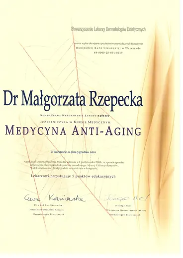 Roczny Kurs Medycyny Anti-Aging, Stowarzyszenie Lekarzy Dermatologów Estetycznych: certyfikat sesji 1