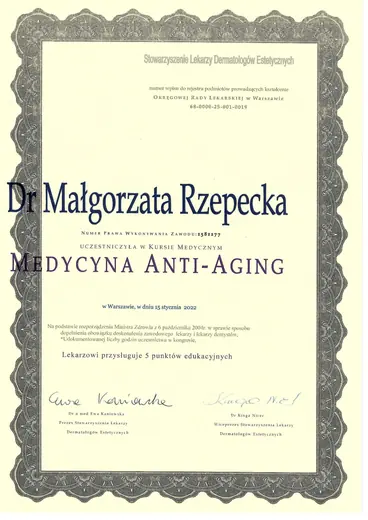 Roczny Kurs Medycyny Anti-Aging, Stowarzyszenie Lekarzy Dermatologów Estetycznych: certyfikat sesji 2