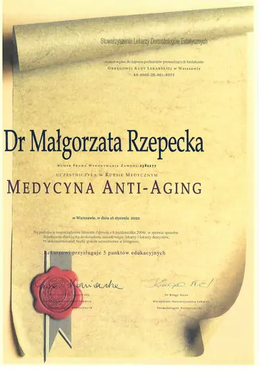 Roczny Kurs Medycyny Anti-Aging, Stowarzyszenie Lekarzy Dermatologów Estetycznych: certyfikat sesji 3