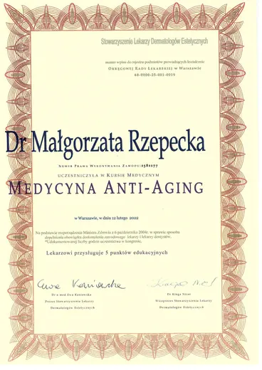 Roczny Kurs Medycyny Anti-Aging, Stowarzyszenie Lekarzy Dermatologów Estetycznych: certyfikat sesji 4