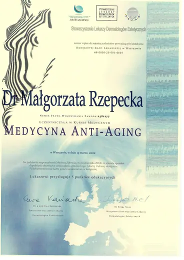 Roczny Kurs Medycyny Anti-Aging, Stowarzyszenie Lekarzy Dermatologów Estetycznych: certyfikat sesji 5