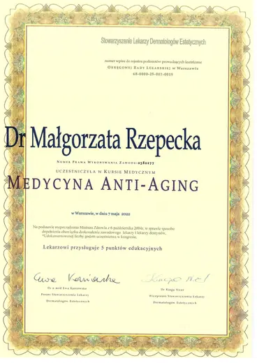Roczny Kurs Medycyny Anti-Aging, Stowarzyszenie Lekarzy Dermatologów Estetycznych: certyfikat sesji 6