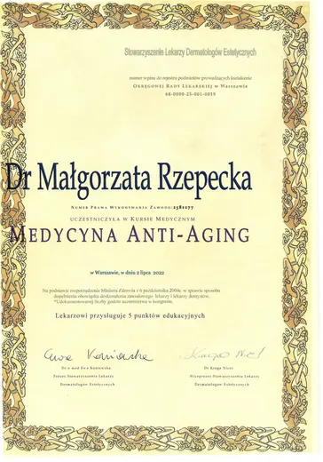 Roczny Kurs Medycyny Anti-Aging, Stowarzyszenie Lekarzy Dermatologów Estetycznych: certyfikat sesji 7